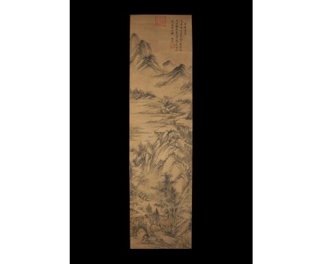 "20th century AD. A rectangular paper panel on a fabric backing with wooden roller; mountainous landscape with river and tree