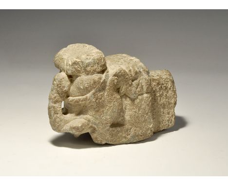 "1st-4th century AD. A carved stone corbel depicting an elephant with trunk raised, lotiform panel to the upper face and drap