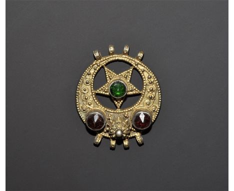 "19th-early 20th century AD. A flat-section gilt-bronze belt link with openwork panel forming a star-and-crescent; faux granu