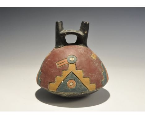 "20th century AD. A ceramic blackware vessel with domed underside, four polychrome stepped figures with stylised bird-heads. 