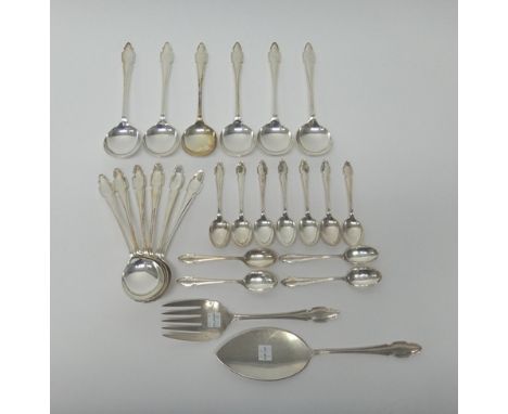 A silver Chippendale pattern canteen of table flatware, comprising; twelve table forks, six tablespoons, twelve dessert forks