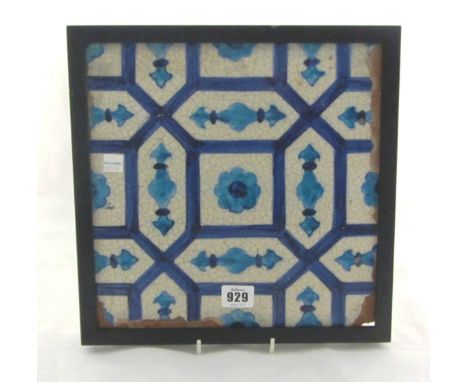 A large Samarkand terrcotta square tile, 15th century or later, painted in turquoise and blue with a central flowerhead insid