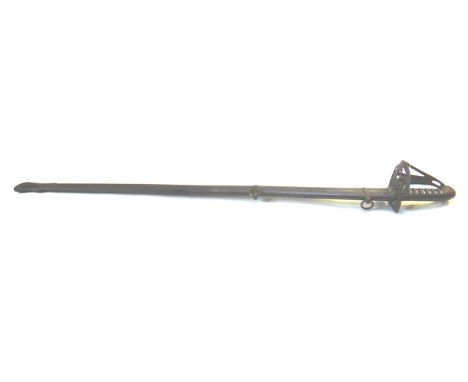 An English officer's sword, 19th century, with slightly curved engraved steel blade (82cm), steel pierced guard with regiment