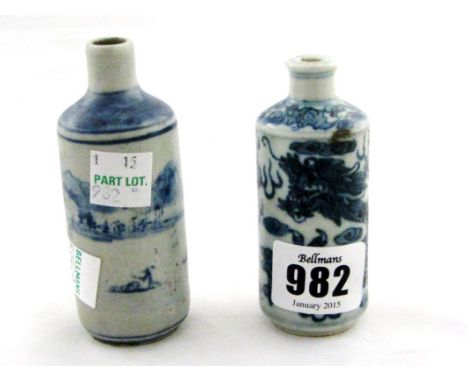 Two Chinese porcelain blue and white cylindrical snuff bottles, late 19th/20th century, one painted with a dragon chasing a f