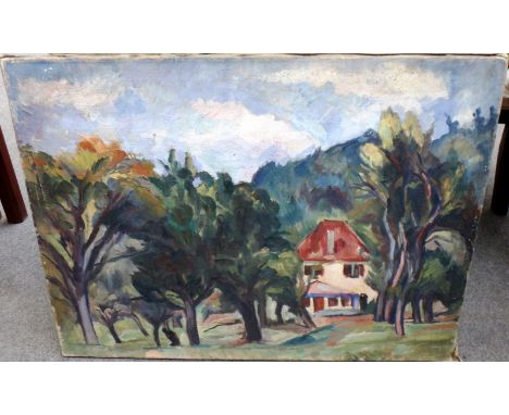 Kurt Badt (1890-1973), House viewed through trees; Seascape, two, oil on canvas, the larger 71cm x 95cm.(2)