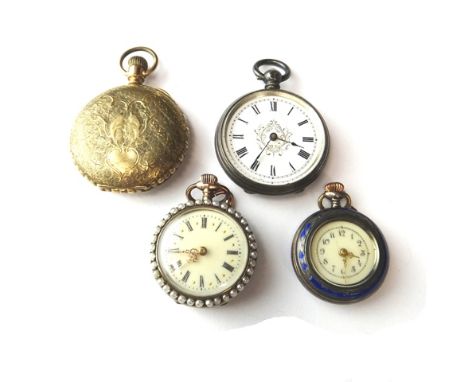 A lady's German blue enameled and imitation seed pearl set, keyless wind, openfaced fob watch, the enameled dial with black R