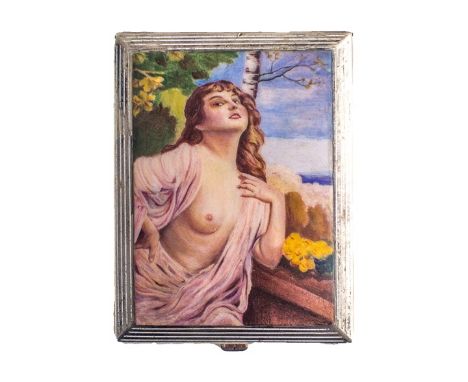 An Austrian rectangular cigarette case, the cover depicting a semi nude portrait of a lady in a landscape setting, mark of M 