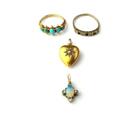 A Victorian gold and turquoise set five stone half hoop ring, the mount with beaded decoration, a 9ct gold, sapphire and colo