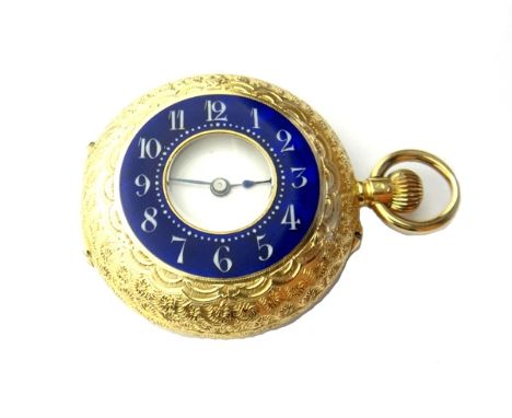 A lady's gold cased and enameled, keyless wind, half hunting cased fob watch, with a gilt jeweled lever movement, the inner a