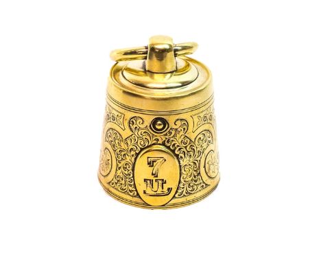 A Victorian brass novelty inkwell, formed as a tapering cylindrical weight with loop handle and engraved foliate decoration t