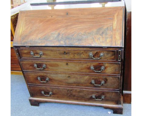 A George III mahogany bureau, the fall over four long graduated drawers, on bracket feet, 105cm wide. 
