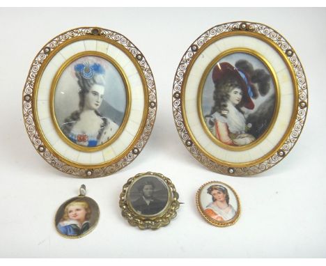 A pair of oval Continental portrait miniatures of ladies, displayed in scrollwork pierced and imitation pearl set strut backe