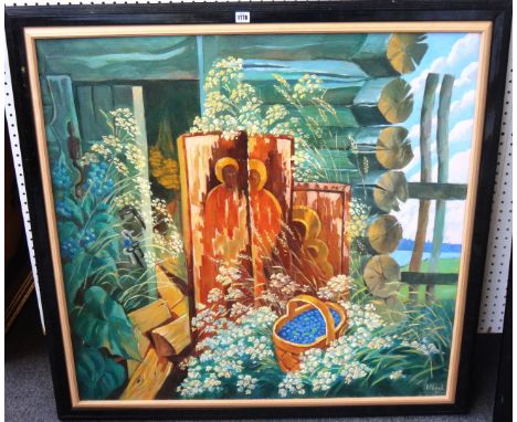 K. M. Bahob (20th century), Garden scene with basket of fruit, oil on canvas, signed and dated '90, 95cm x 100cm.