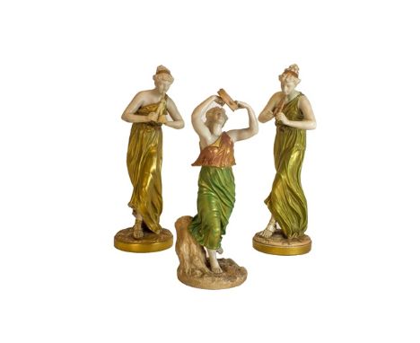 Two Royal Worcester figures emblematic of music by James Hadley and a figure of a Grecian Dancer, late 19th/early 20th centur