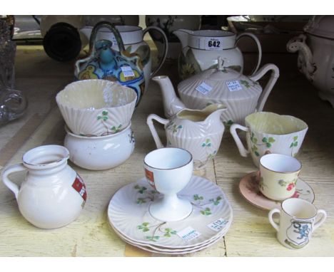 A quantity of ceramics, including; a Belleek part tea service with a black printed mark to the base, two 19th century Wedgwoo