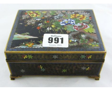 A small Chinese cloisonné rectangular box and cover, 20th century, the hinged cover worked with a dense array of colourful fl