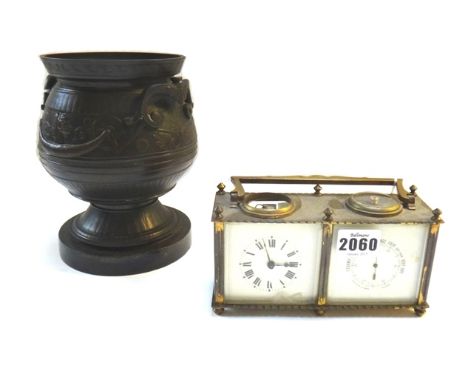 A brass cased clock/barometer desk compendium by Whytock and Sons, Dundee (16.5cm wide), a pair of Continental porcelain bras