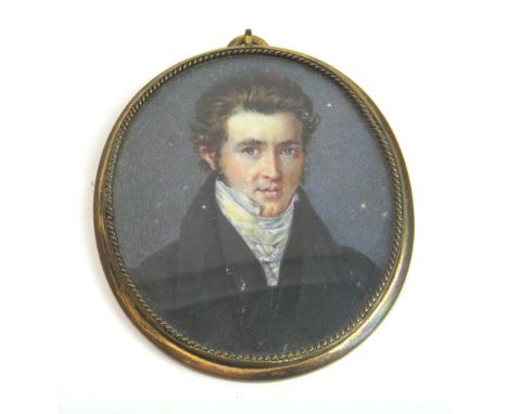 Early 19th Century British School
Portrait miniature of a young man, in black frock coat and white stock
Watercolour on ivory