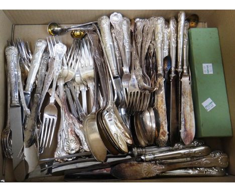 Plated King's pattern table flatware, comprising; sixteen table forks, six tablespoons, six table knives, eight dessert spoon