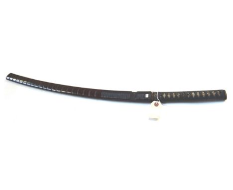 A Japanese katana, single edged curved blade, 71cm, cleaned and abraded (tip re-ground), tape bound fish skin grip, fisherman