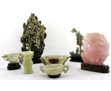 A group of Chinese hardstone carvings, 19th/20h century, comprising; a small jade two handled bowl, carved with rows of studs