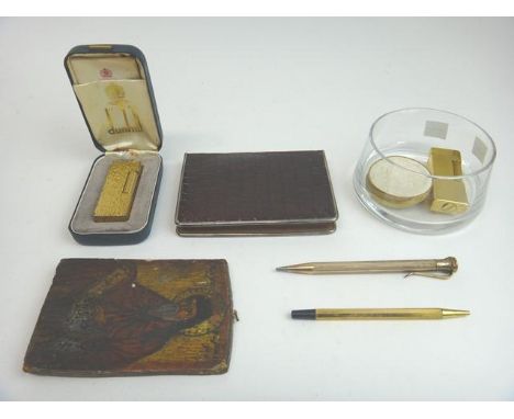 A gilt metal rectangular cased Dunhill gas lighter, with a bark textured finish, cased, a gilt metal rectangular cased Dunhil