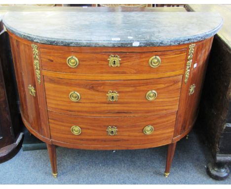 A late 18th century gilt metal mounted tulipwood marble top demi lune commode on tapering square supports, 114cm wide. 
