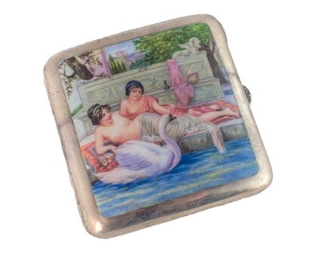 A European enameled curved square cigarette case, the front decorated with two scantily clad classical female figures, with a