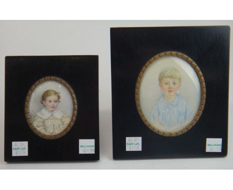 M D Collins 20th Century British,  Portrait miniature of a young boy with blonde hair wearing a blue and white shirt, waterco