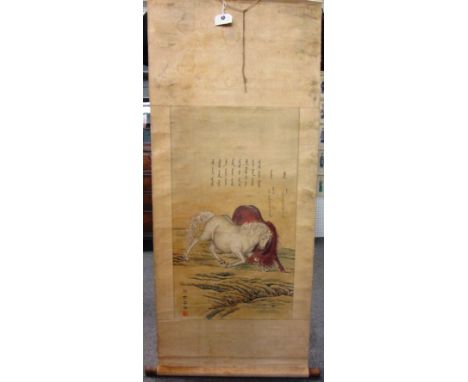 Two Chinese scroll paintings, 19th/20th century, one depicting two horses fighting, the other painted with branches of flower