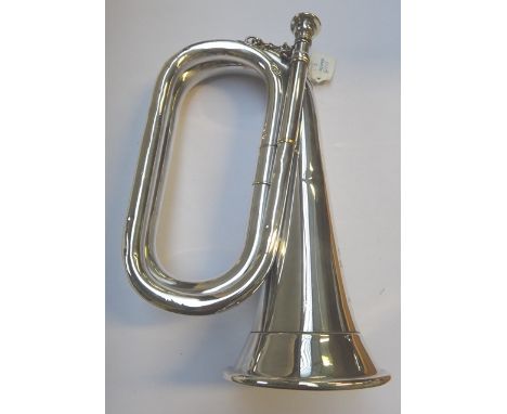 A Hawkes & Son silver plated bugle, presentation inscribed '1 Hawkes & Son, Denman street, Piccadilly Circus, London 1915, 10