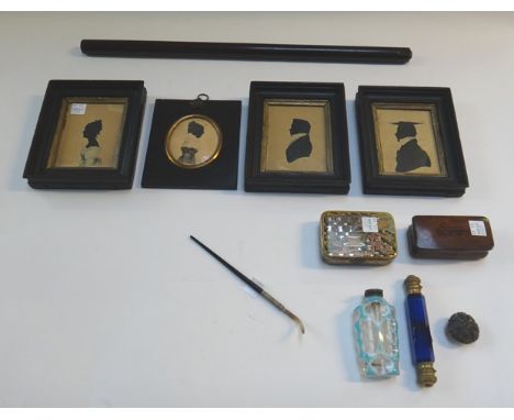 A quantity of collectables including; a Victorian Bristol blue glass double ended scent bottle with gilt metal hinged caps, 1