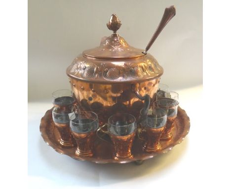 A WMF copper, brass plated and glass punch set, circa 1900, comprising; a punch bowl with a glass liner, collar and cover wit