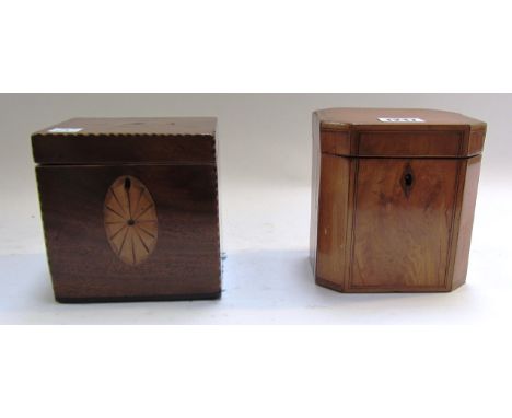 A George III canted rectangular inlaid satinwood tea caddy, 12cm wide, together with an inlaid mahogany cube tea caddy, 12cm 