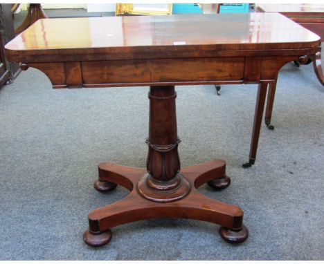 A Victorian mahogany 'D' shaped card table on carved column on quatrefoil platform, 91cm wide. 