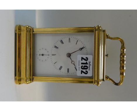 A French cased carriage clock, late 19th century, push repeat and white enamel dial with subsidiary alarm and two train movem