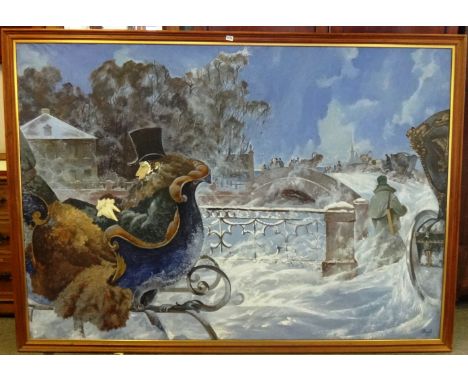 K. M. Bahob (20th century), Gentleman in a sleigh in the snow, oil on canvas, signed and dated '67, inscribed on reverse, 139