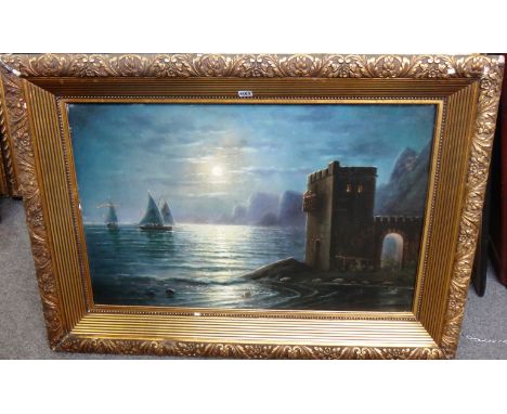 Russian School (19th/20th century), Moonlit seascape, oil on canvas, signed in cyrillic, 60cm x 88cm.