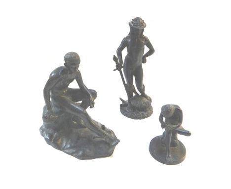 Three 20th century bronze figures, Hermes atop a rocky outcrop (19.5cm high), a classical nude warrior holding a sword with a