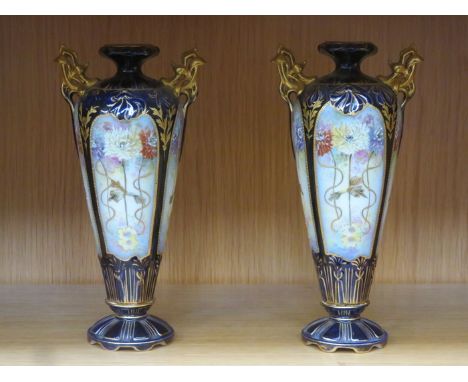 PAIR OF RUDOLSTADT 19th CENTURY GERMAN HANDPAINTED AND GILDED CERAMIC VASES WITH FLORAL DECORATION, APPROXIMATELY 26cm HIGH 