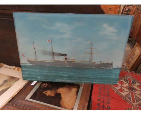 UNSIGNED AND UNFRAMED GOUACHE SHIP PORTRAIT OF THE COASTER SS OENOTRIA- NEWCASTLE, APPROXIMATELY 39cm x 58cm  