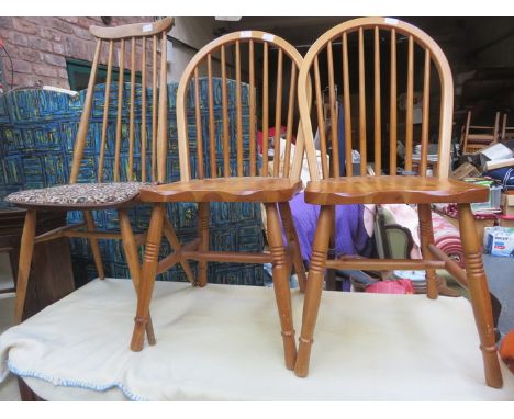 TWO OAK KITCHEN CHAIRS PLUS ERCOL STYLE STICK BACK CHAIR 