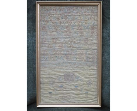 18th CENTURY FRAMED SAMPLER DATED 1732, APPROXIMATELY 36.5cm x 21cm 