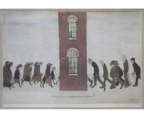 LS LOWRY LIMITED EDITION PENCIL SIGNED COLOUR PRINT WITH FINE ART TRADE GUILD BLIND STAMP- THE MEETING POINT, APPROXIMATELY 4