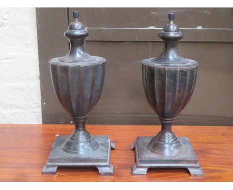 PAIR OF VICTORIAN STYLE CAST METAL LAMP BASES, CONVERTED IN URNS, APPROXIMATELY 38cm HIGH 