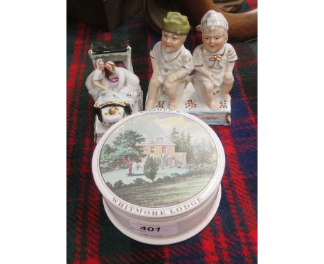 TWO CERAMIC FAIRINGS PLUS DECORATIVE STORAGE POT AND COVER 
