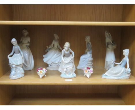 SIX VARIOUS LLADRO GLAZED CERAMICS FIGURES (AT FAULT), ONE OTHER CERAMIC FIGURE AND TWO FLORAL ARRANGEMENTS 