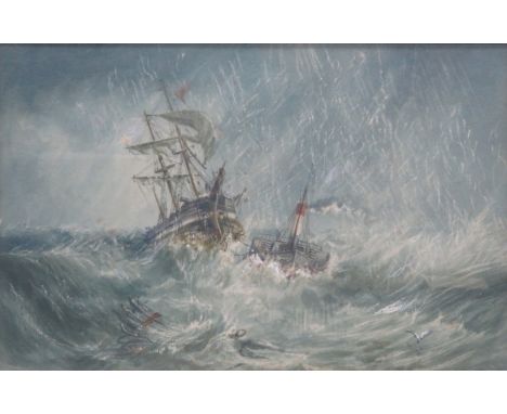 FRAMED WATERCOLOUR DEPICTING A GALLEON AND TUG WITHIN A STORMY SEASCAPE SCENE, UNSIGNED, APPROXIMATELY 26cm x 40cm