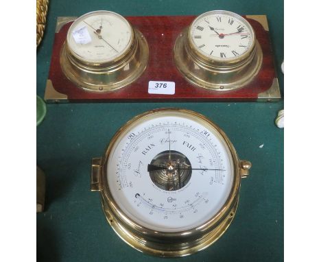 MODERN BRASS BAROMETER PLUS WALL MOUNTED PANEL WITH CLOCK AND BAROMETER 