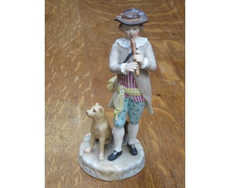 ROYAL COPENHAGEN HANDPAINTED AND GILDED CERAMIC FIGURE GROUP DEPICTING A GENT PLAYING THE FLUTE WITH DOG, STAMPED TO BASE 'HY